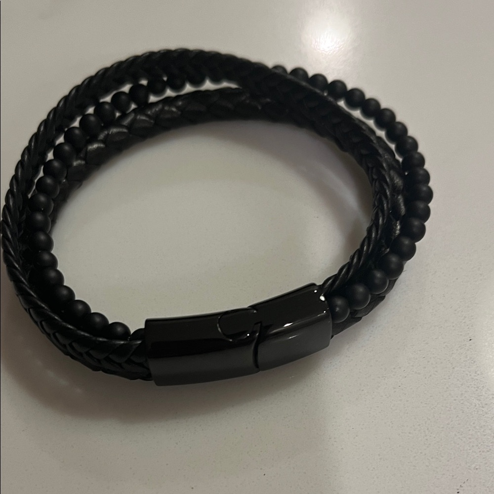 Men's Black Beaded & Braided Leather Multi-Strand Bracelet
